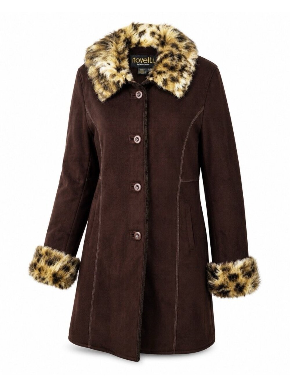 Vintage Novelti Mobwife Coat Womens S Brown Y2K Faux Suede Leopard Fur Trim